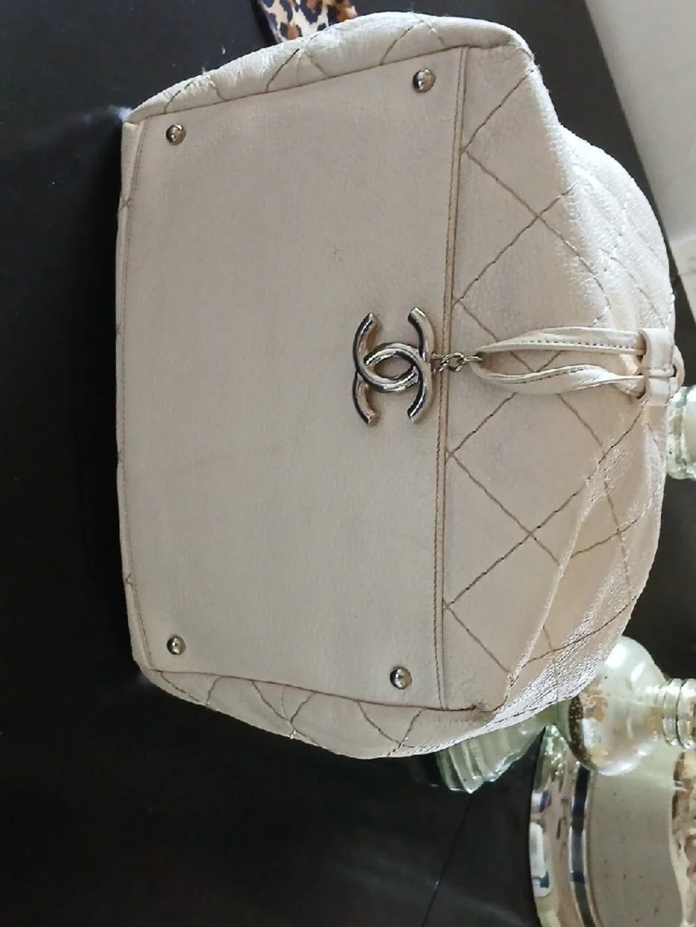 Chanel Leather Drawstring Bucket With Silver Charm